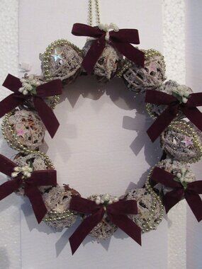 Christmas Wreath, handcrafted, red, white, approx 10" across